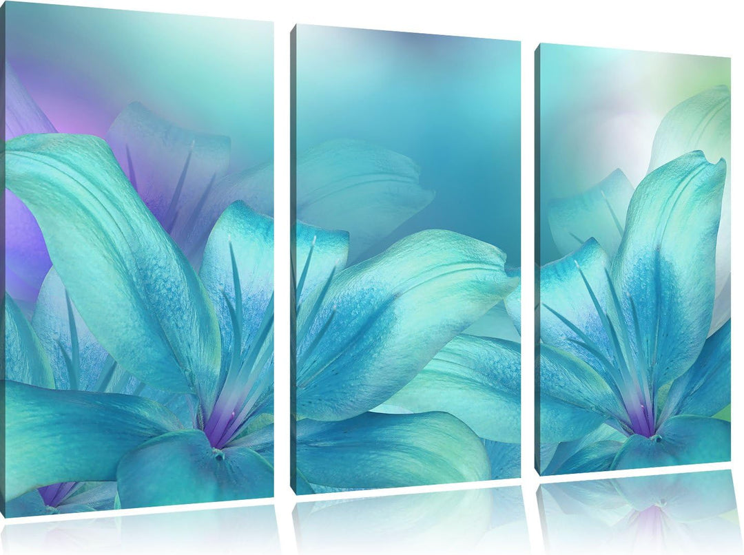 Pixxprint türkise Lilien als Leinwandbild | Grösse: 3 Teilig (120x80) | Wandbild| Kunstdruck | ferti
