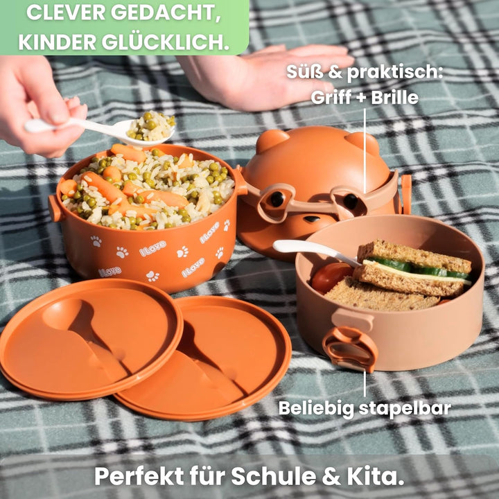 Kinder Lunchbox „Lou“ 1200ml, 2 Etagen mit Besteck und Fächern, Premium Dose süss, BPA-freie Brotdos