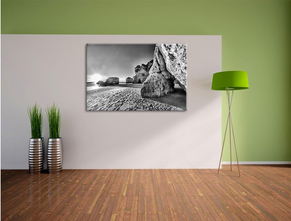 Pixxprint Monocrome, Sonnenuntergang an Felsen, Format: 100x70 auf Leinwand, 100x70