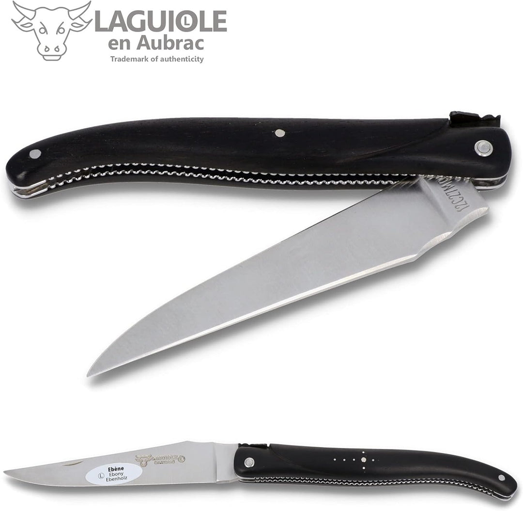 Laguiole en Aubrac Taschenmesser 'Perle' - 12 cm - Voller Griff Ebenholz - Verzierte Platinen - Stah