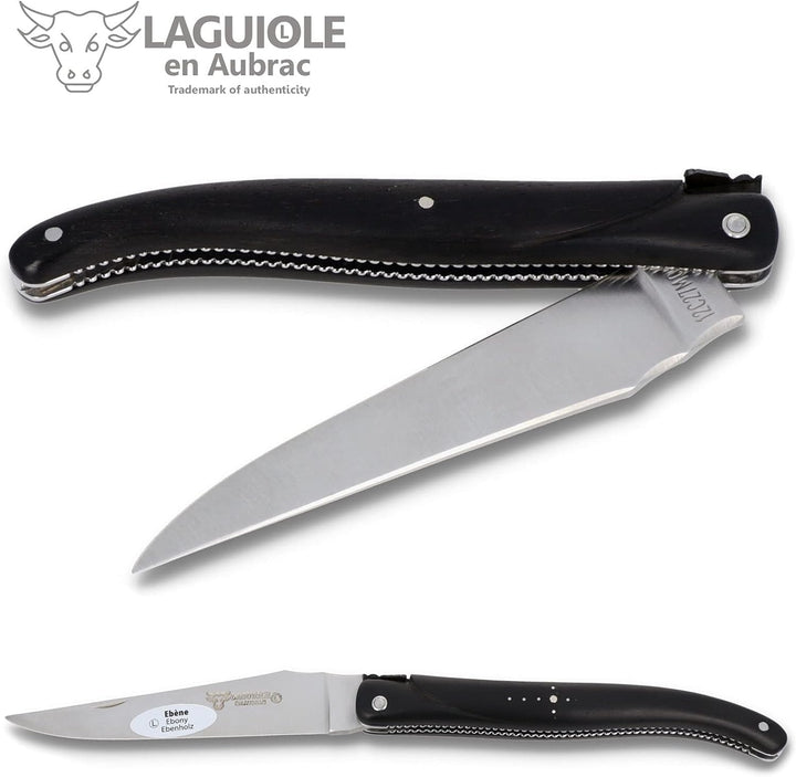 Laguiole en Aubrac Taschenmesser 'Perle' - 12 cm - Voller Griff Ebenholz - Verzierte Platinen - Stah