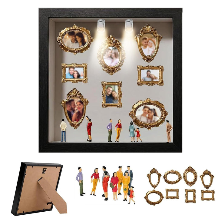 DIY Mini Museum Bilderrahmen Set mit LED Licht, Silhouettenbox mit 8 Mini Goldrahmen & Figuren, Krea