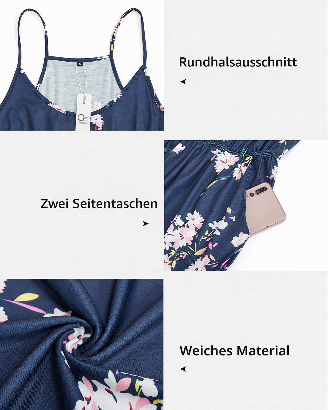 OUGES Damen Sommer Ärmellos Jumpsuit Overall Lang Hosenanzug Casual Playsuit Romper mit Taschen M Fl