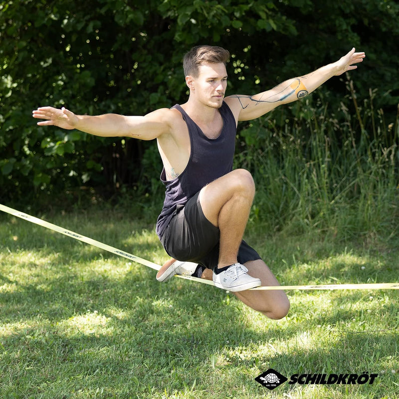 Schildkröt® Slackline 15m, zusätzlich mit Teaching Line, Hilfsline für Anfänger, robuste 5cm breite