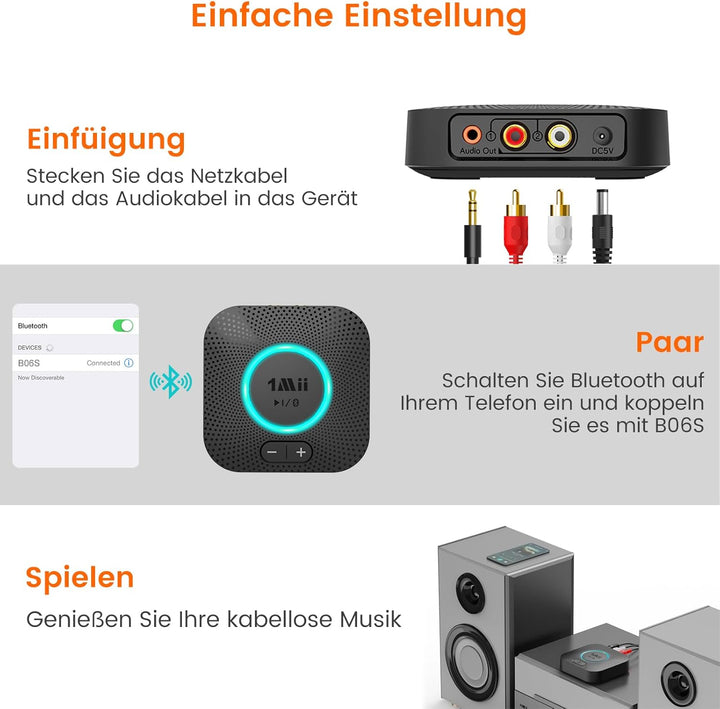 1Mii B06S Bluetooth Audio Adapter mit Lautstärkeregelung, HiFi Bluetooth 5.2 Empfänger, aptX HD & Lo