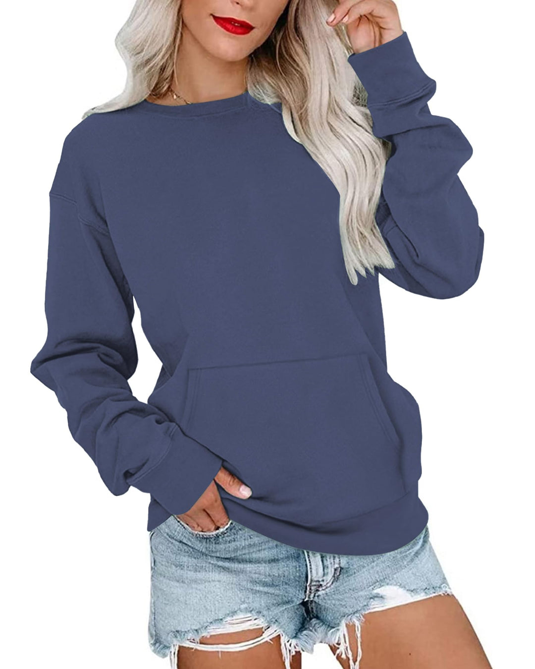 WNEEDU Damen Langarmshirts Lässige Sweatshirts mit Taschen Deep Blue S, Deep Blue S
