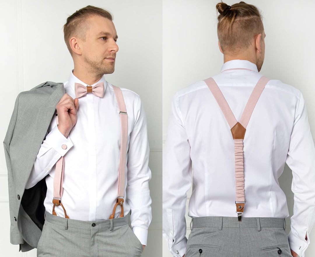 LINILI Leinen Accessoires SET: Fliege, Hosenträger, Einstecktuch, Manschettenknöpfe- Fliege Bereits