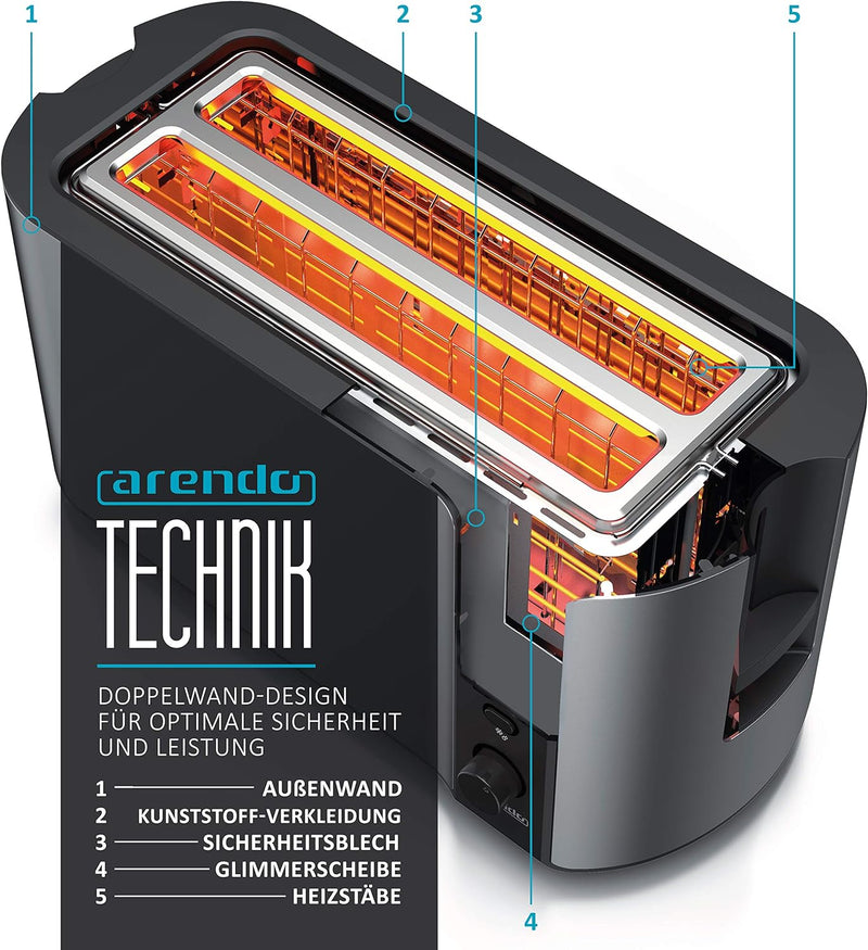 Arendo - Edelstahl Toaster Langschlitz 4 Scheiben - Defrost Funktion - wärmeisolierendes Gehäuse - m