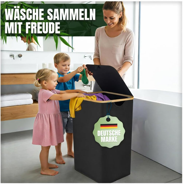 Wäschekorb mit Deckel 100l, Wäschesammler, Wäschebox, Wäschetonne, hoher Wäschekorb mit Bambusrahmen