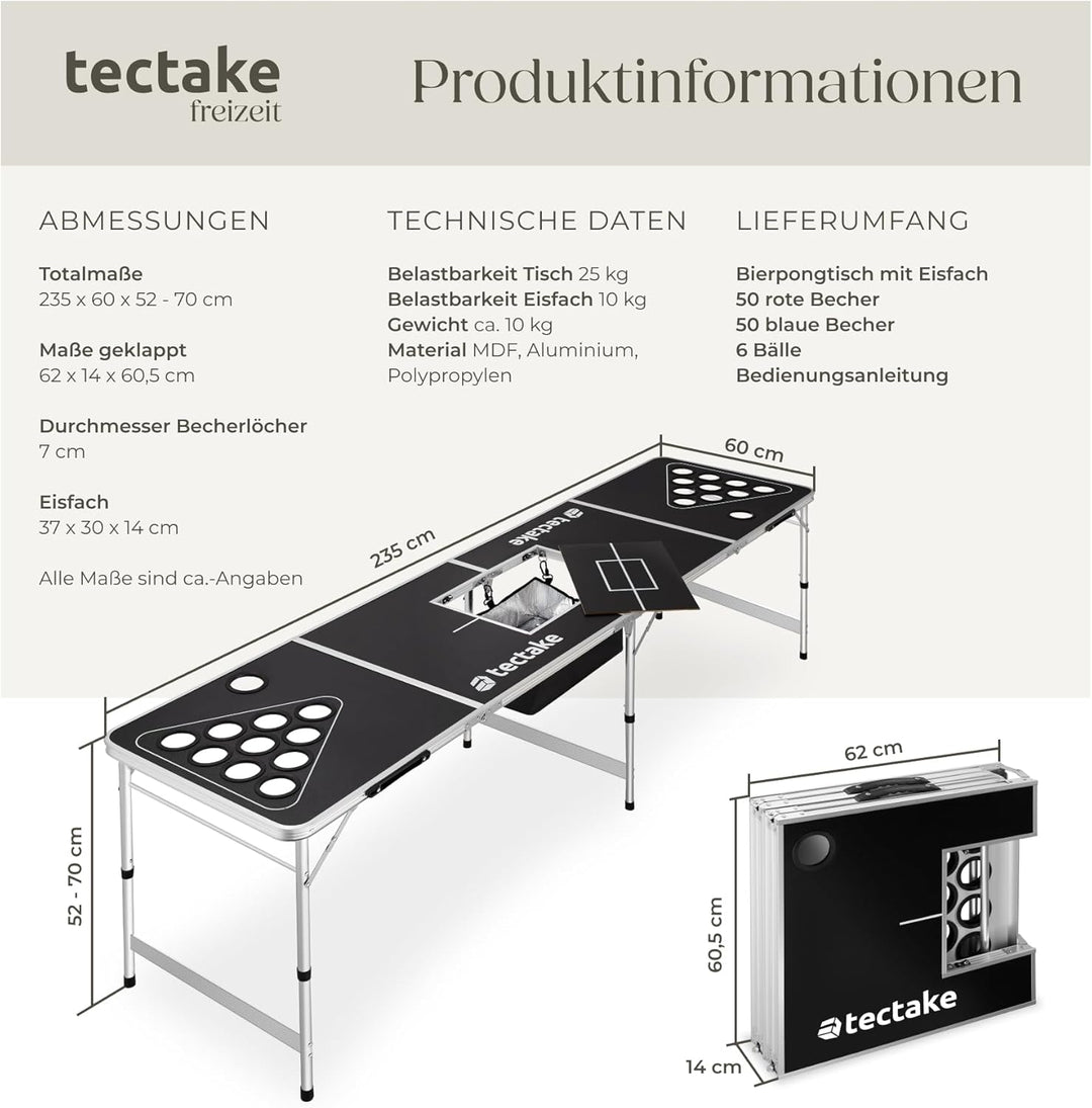 tectake® Bierpong Tisch, inkl. 100 Becher (50 rot & 50 blau) und 6 Bälle, mit Eisfach und Becherhalt