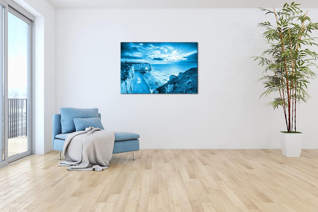 bezaubernder Strand in der Normandie Format 80x60 Effekt: Monocrome Blau als Leinwandbild, Motiv fer
