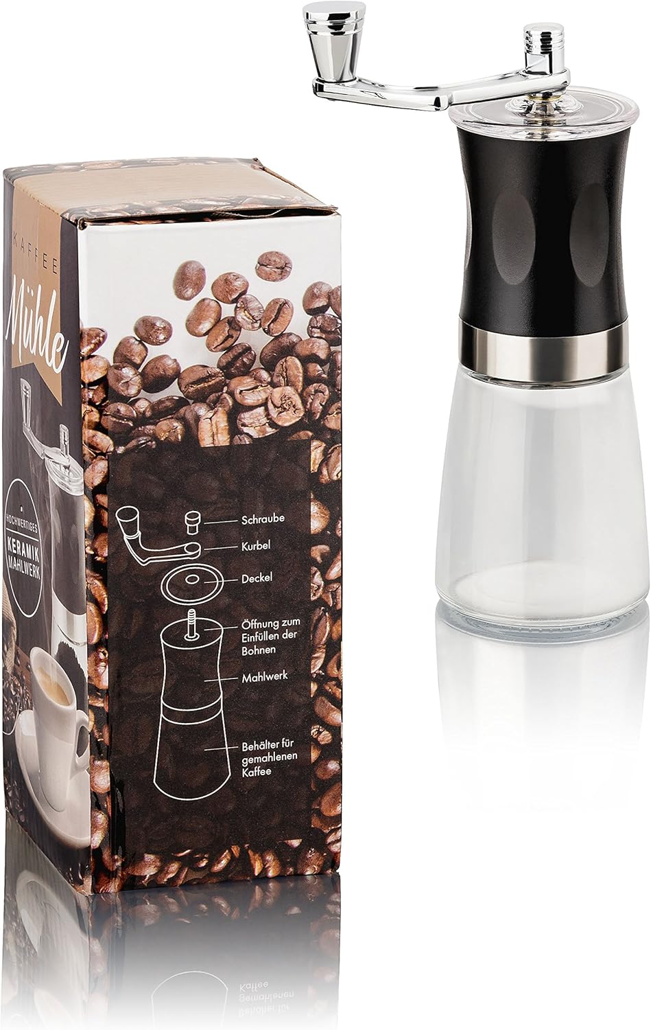 Krüger&Gregoriades Kaffeemühle mit Keramikmahlwerk Handkaffeemühle, Glas, stufenlos einstellbar, man