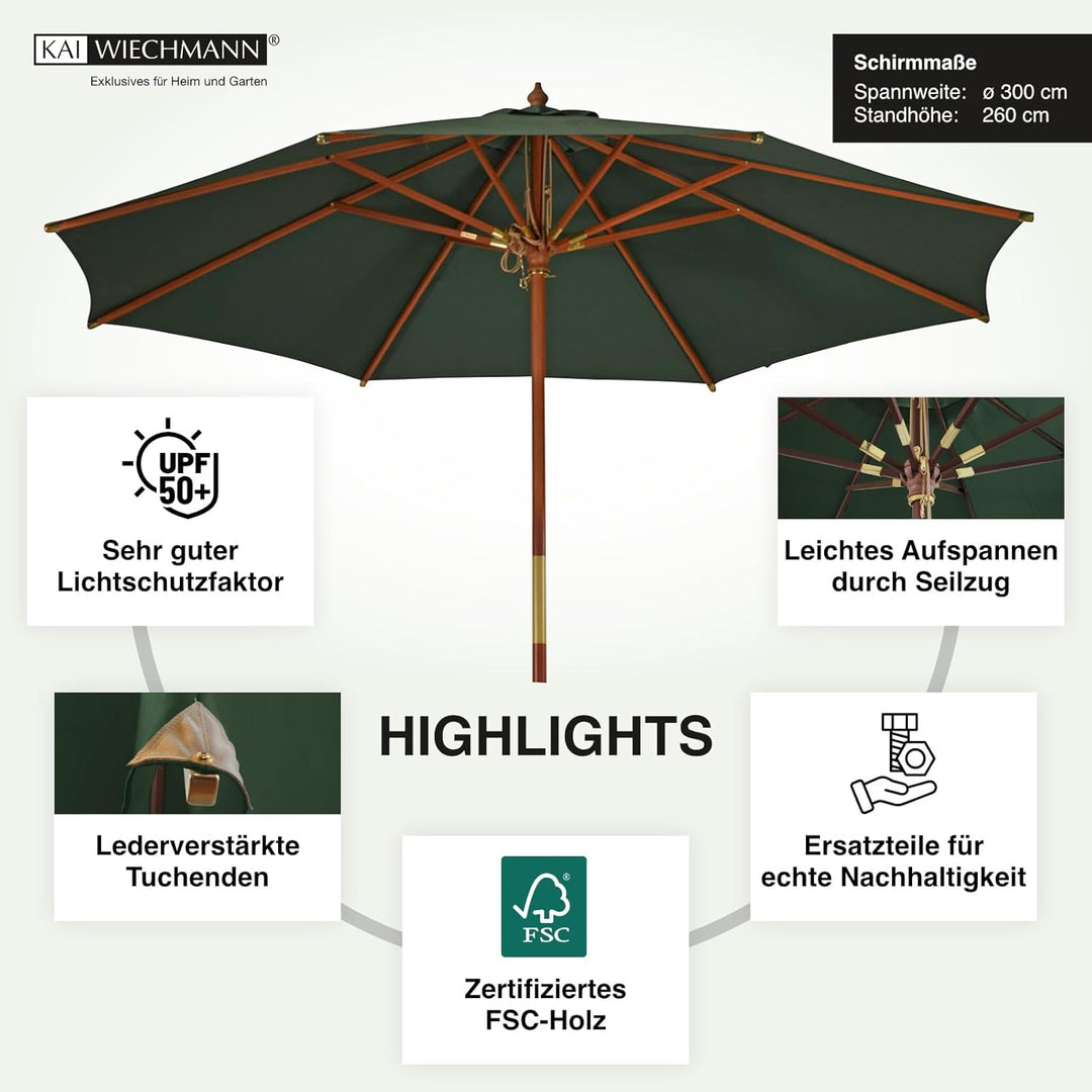 Kai Wiechmann Sonnenschirm 300 cm edel Windauslass UV-Schutz 50+ Dunkelgrün, Dunkelgrün