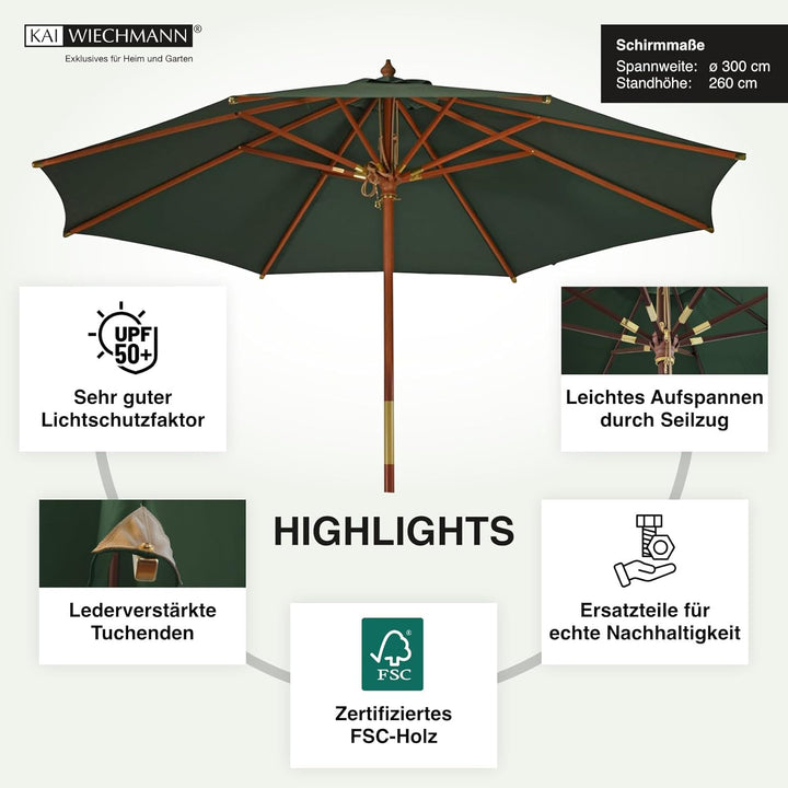Kai Wiechmann Sonnenschirm 300 cm edel Windauslass UV-Schutz 50+ Dunkelgrün, Dunkelgrün