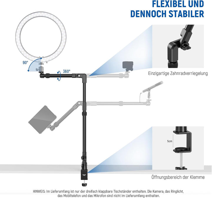 NEEWER 45.5" Overhead Camera Desk Stand, Aluminum 4 Section Magic Mic Boom Arm with C Clamp Mount Ho