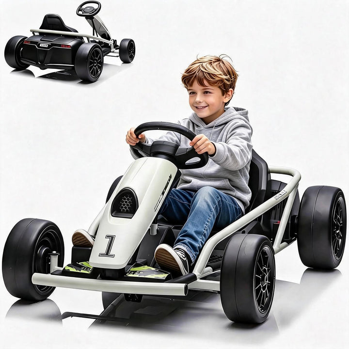 Elektrisches Go-Kart Weiss 24V für Kinder, Drift Kart mit 2×12V 9Ah Akku, Verstellbarem Sitz, Vor- u