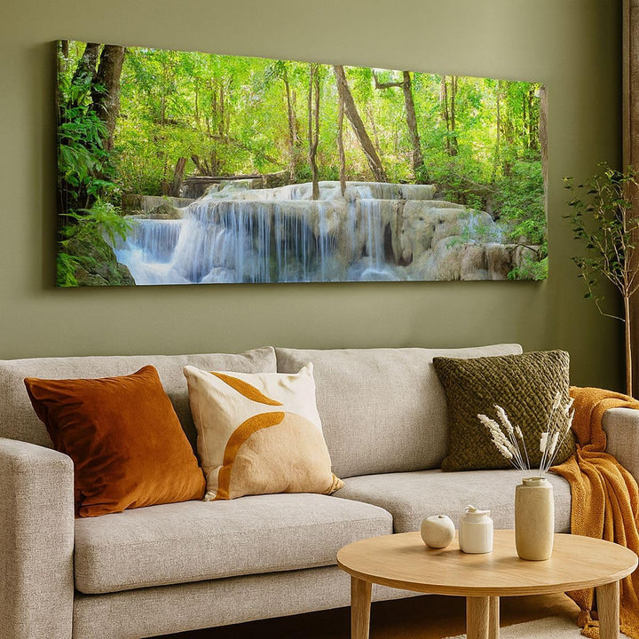 Wandbilder Dekoration Wohnzimmer Wasserfall Wald Umwelt Panorama Bilder auf Leinwand 120x50cm Leinwa