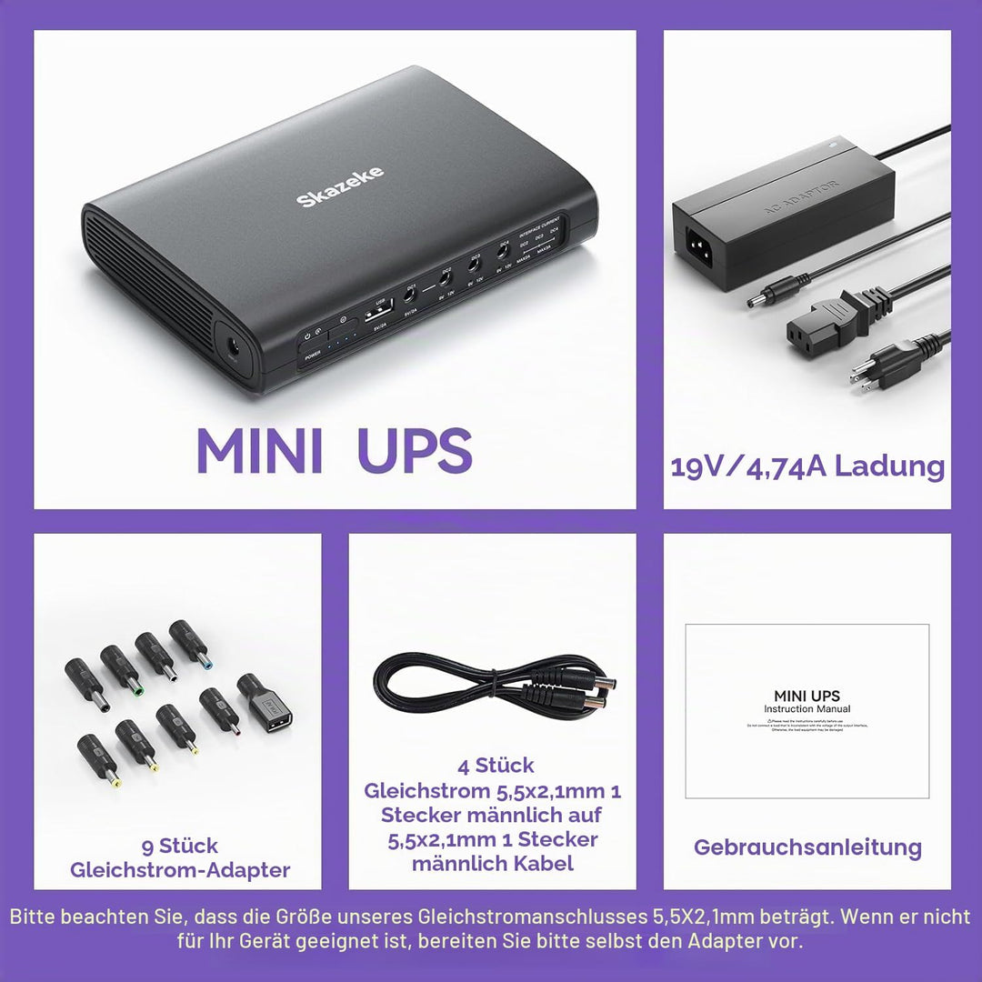 Mini USV,Skazeke 20000mAh Mini UPS mit 5 Ausgängen DC 5V/9V/12V/3A,USB 5V/3A, unterbrechungsfreie WL