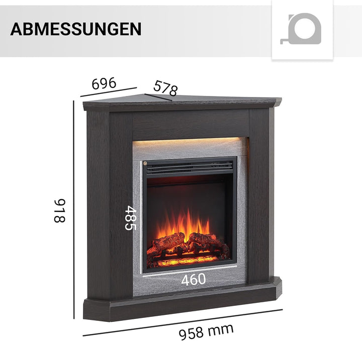 CrownFlame Pegasos Elektrokamin - Elektrischer Eckkamin mit Heizung 1000/2000 W, realistischer 3D-Fl