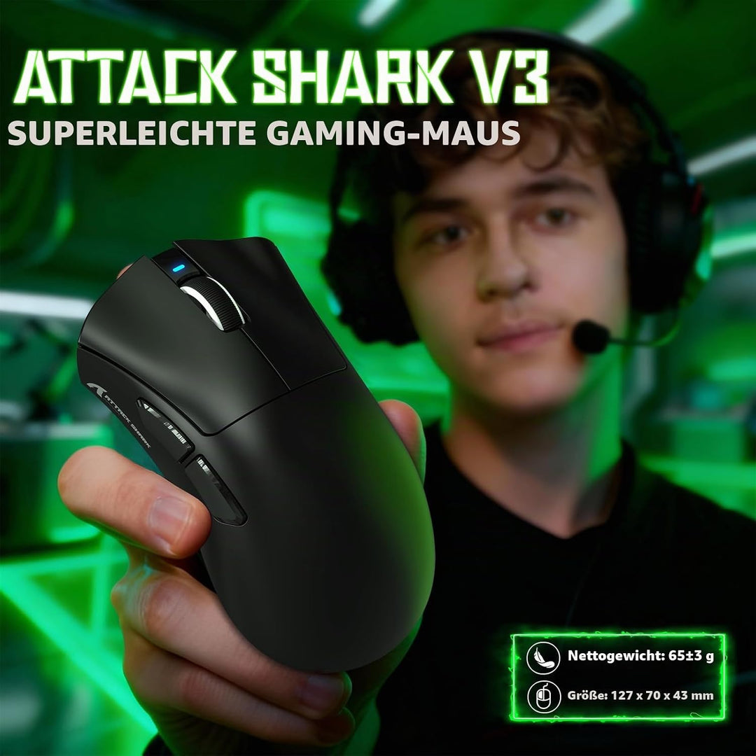 ATTACK SHARK V3 Ultraleicht Kabellose Gaming-Maus with 25000 DPI-SchwarzA Schwarz A, Schwarz A