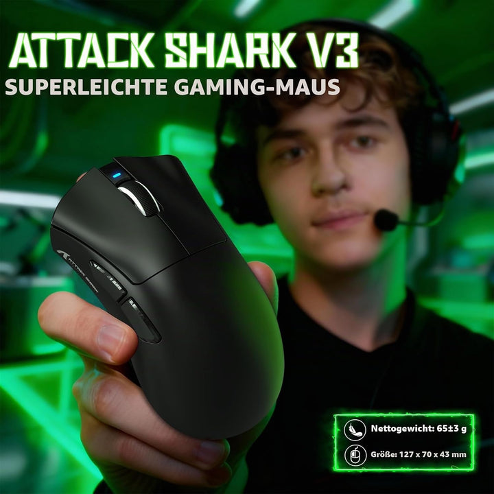 ATTACK SHARK V3 Ultraleicht Kabellose Gaming-Maus with 25000 DPI-SchwarzA Schwarz A, Schwarz A