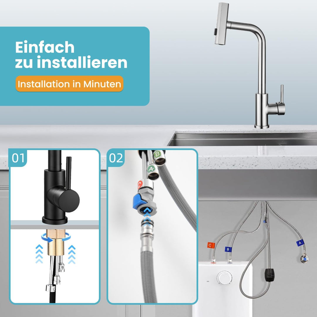 Niederdruck Armatur Küche Ausziehbar,Chrome Edelstahl,Wasserhahn Küchenarmatur mit 3 Anschluessen fü