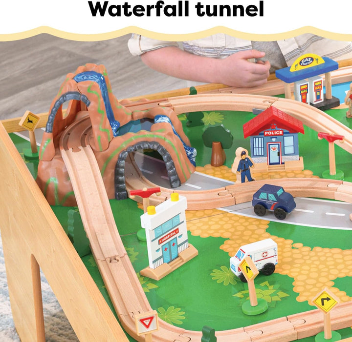 KidKraft Holzeisenbahn und Spieltisch Waterfall Mountain mit Aufbewahrungsbox, Eisenbahn mit Zubehör