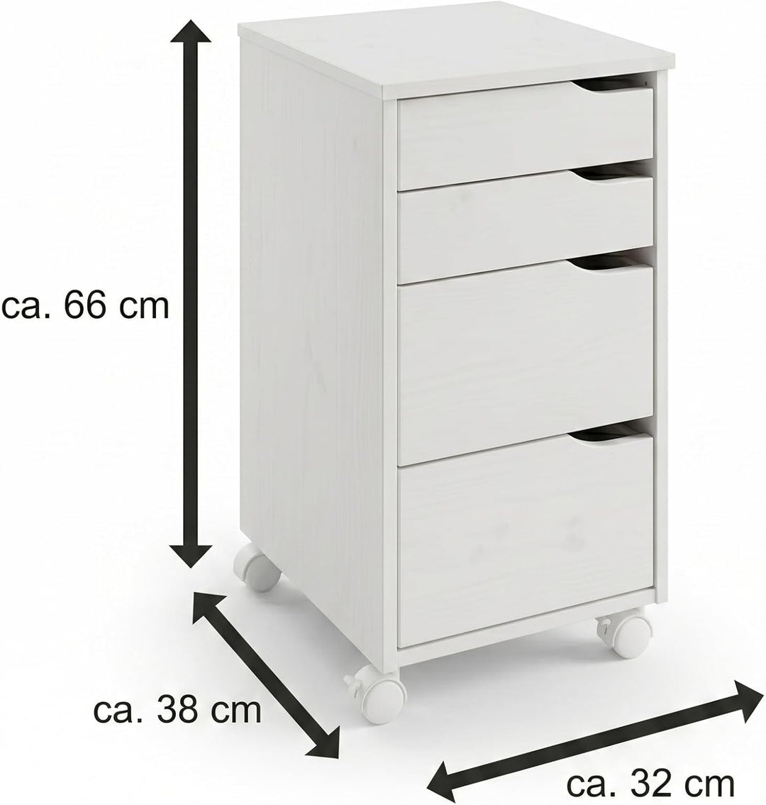 Massivholz Rollcontainer Kiefer | weiss | Bürocontainer mit 4 Schubladen & Rollen | ca. 66 x 32 x 38