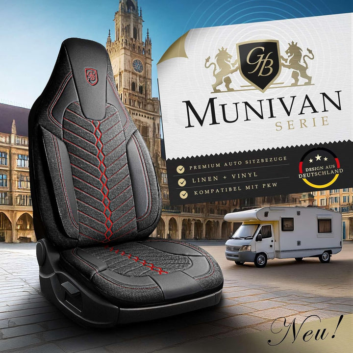 Autositzbezüge Universal für Wohnmobil & Caravan - Vordersitze Auto Sitzbezug aus Leinen, Schwarz-Ro