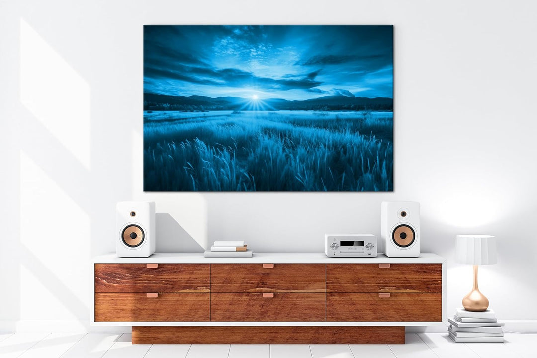 deyoli Bunter Sonnenuntergang Format 80x60 Effekt: Monocrome Blau als Leinwandbild, Motiv fertig ger
