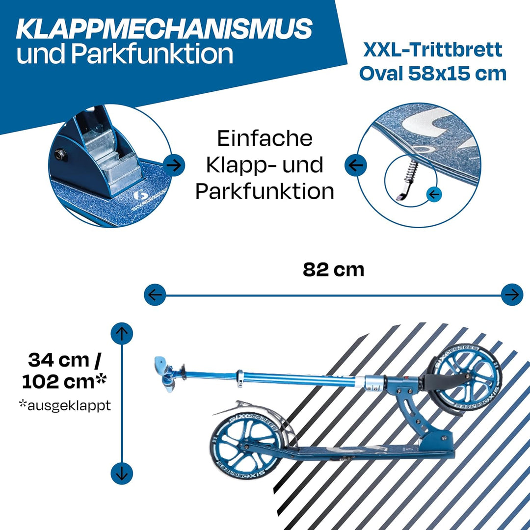 Six Degrees Aluminium Scooter mit Klappmechanismus, Ständer, 205 mm TESTSIEGER, ABEC 7, höhenverstel