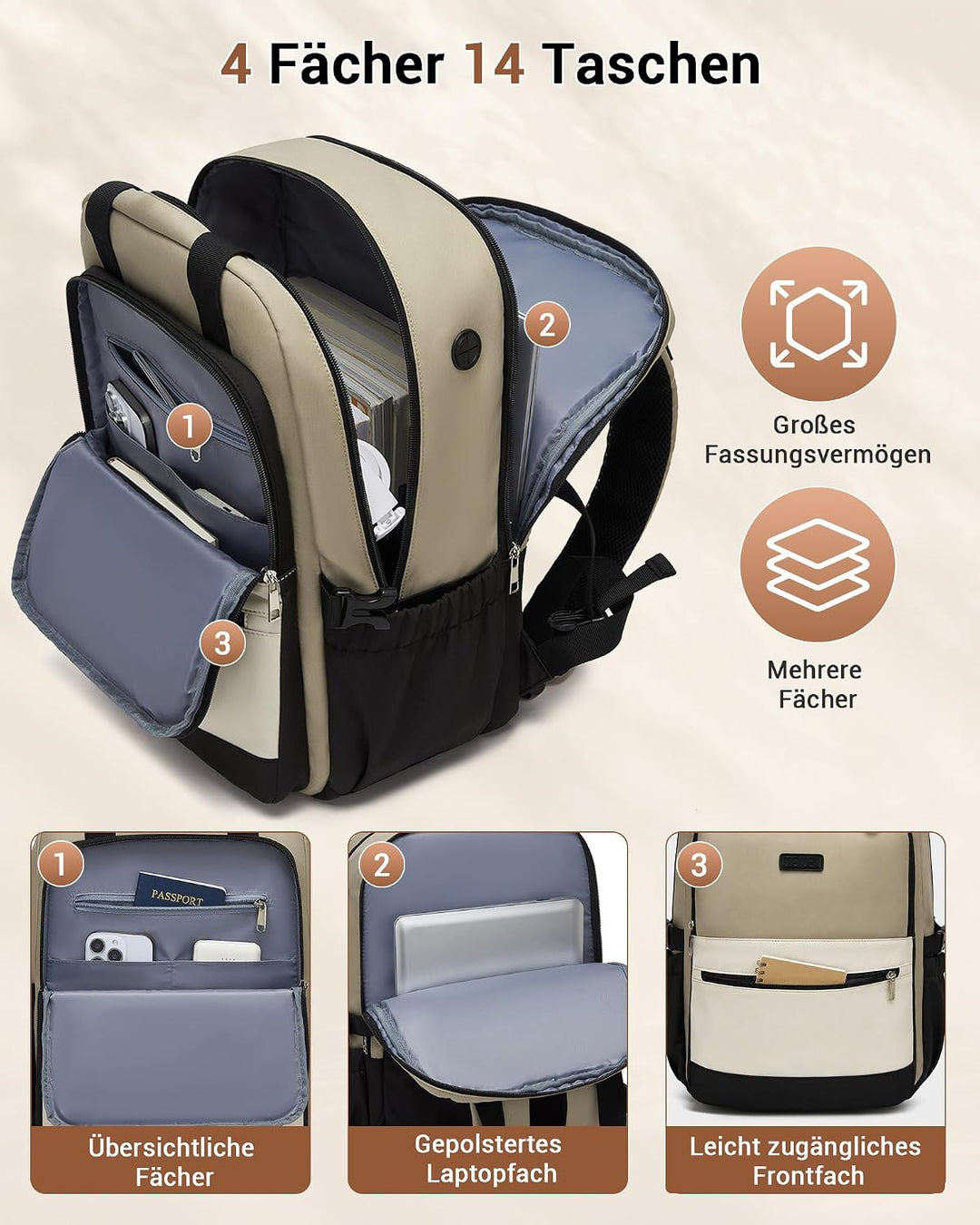 KONO Rucksack Damen 15,6 Zoll Laptop Rucksack Damen, Schulrucksack Elegant, Business Daypack mit vie