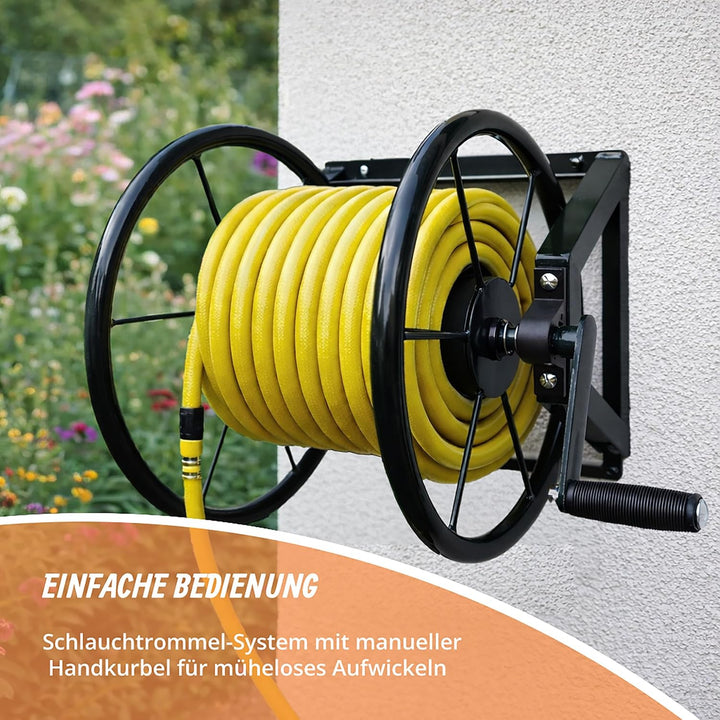 Relaxdays Schlauchtrommel, Edelstahl, 60 m, Wandmontage, Klickkupplung, HxBxT: 55 x 48 x 42 cm, Schl