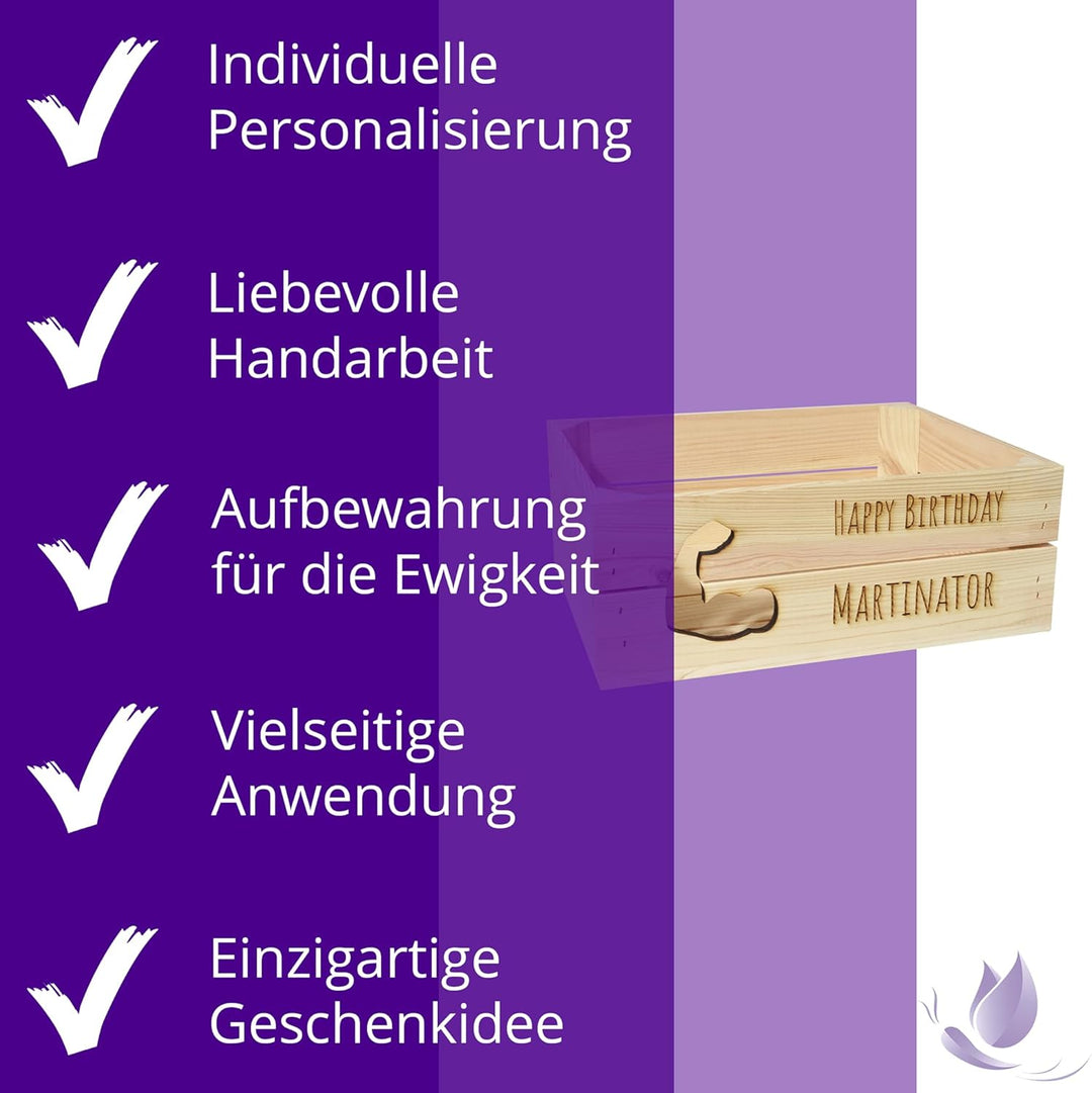Holzkiste Personalisiert mit Wunschtext Arm für jeden Anlass - Gravierte Erinnerungskiste Geburtstag
