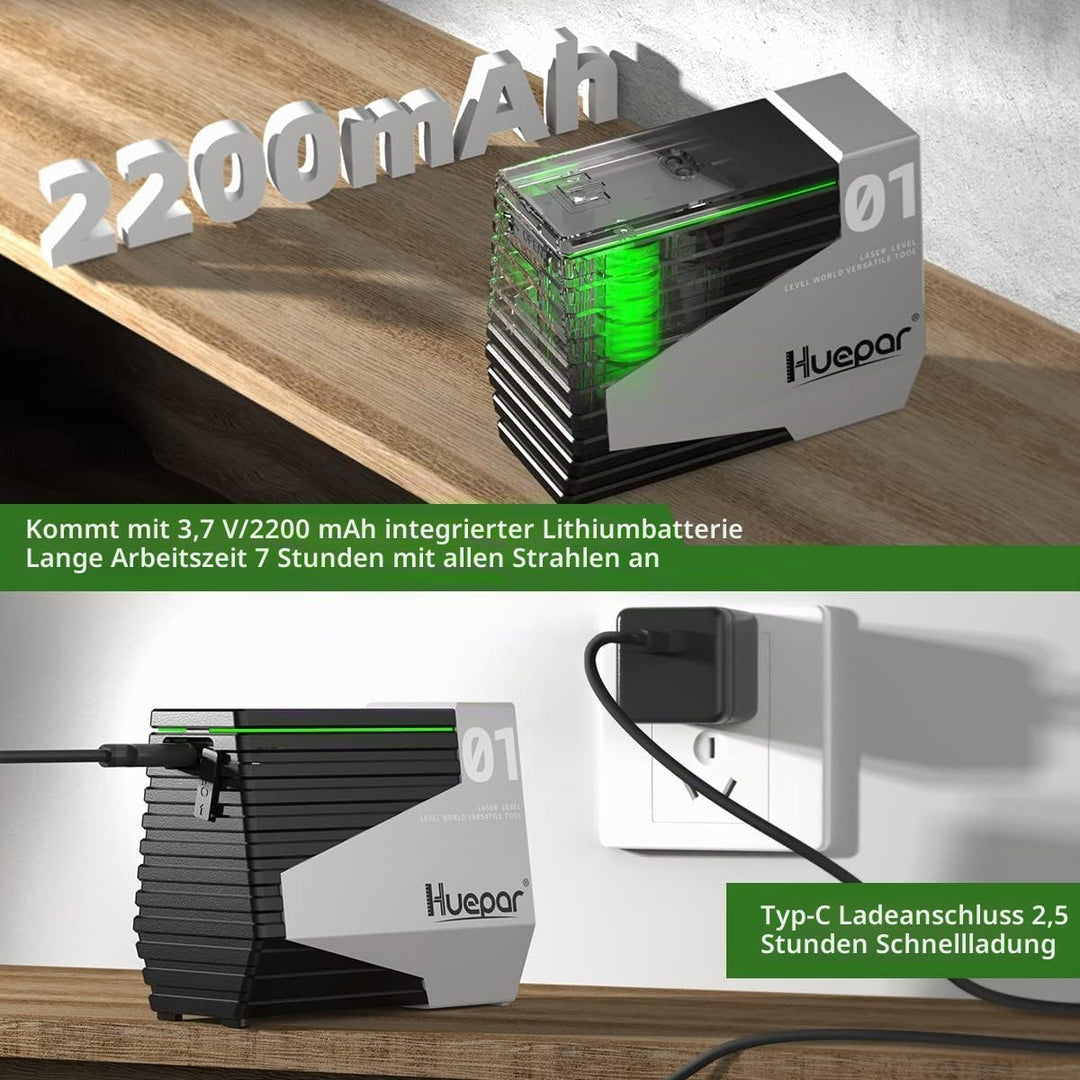 Huepar Laser Nivellier Selbstnivellierend Grüne Kreuzlinien-Laser Wiederaufladbare Laser Nivellierge