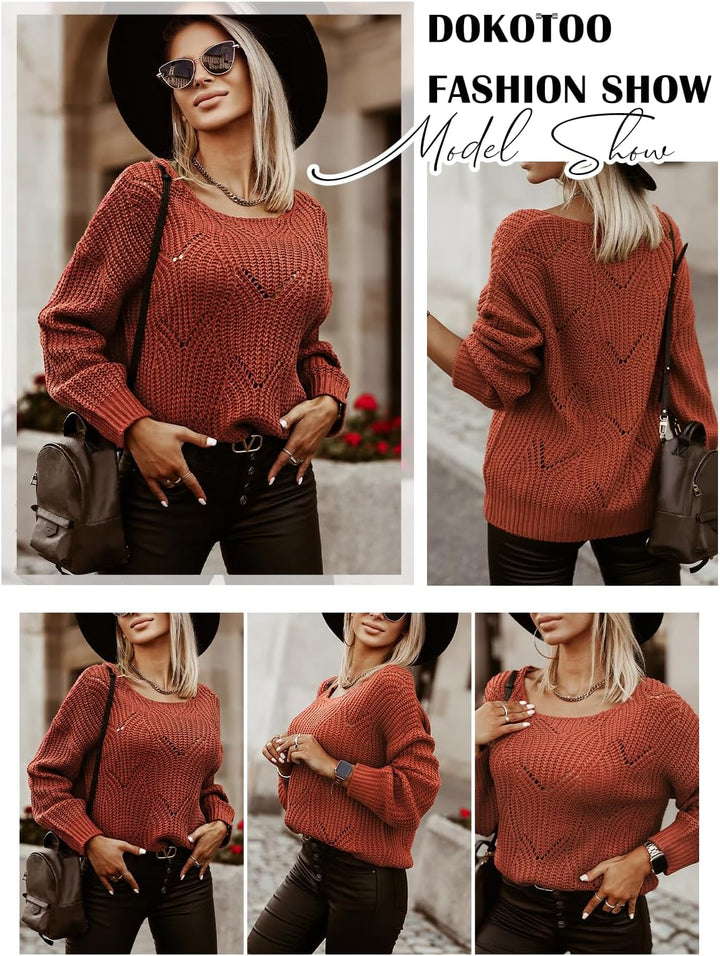 Dokotoo Damen Strickpullover Elegant Rundhals Pullover Herbst Winter Einfarbiger Pulli Oberteil Swea