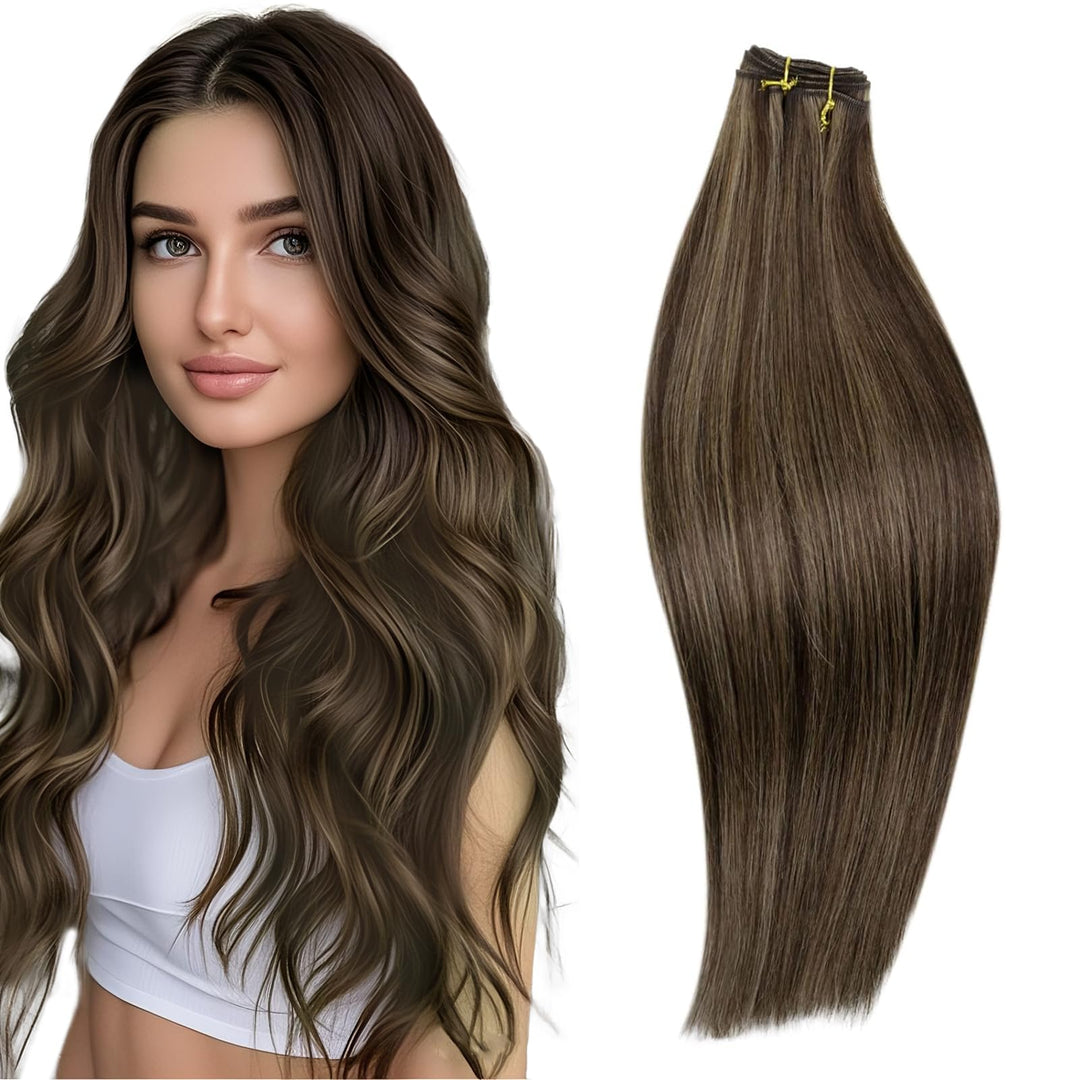 RUNATURE Extensions Echthaar Tressen Zum Einnähen Braun 35cm Haarverlängerung Glatt Weft Echte Haare