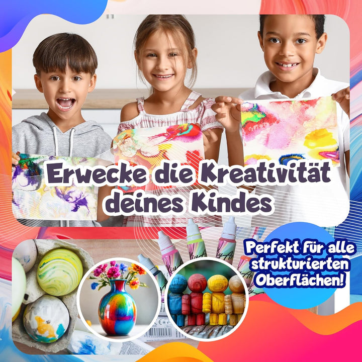 Wasser-Marmorierfarben-Set – 12 kräftige Farben & 10 A4-Blätter – Bastelset für Kinder ab 6 Jahren |