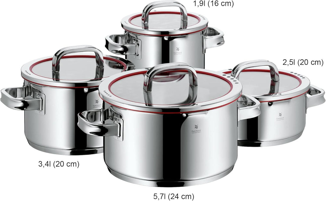 WMF Function 4 Topfset Induktion 4-teilig, Cromargan Edelstahl poliert, Glasdeckel mit 4 Abgiessfunk