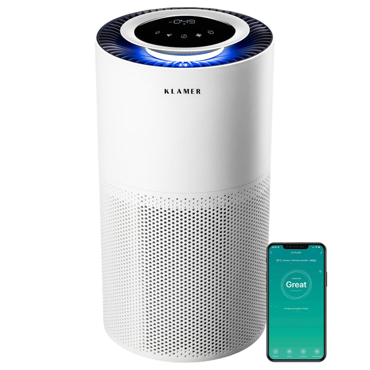 KLAMER Luftreiniger 600i mit HEPA Filter, CADR Spitzenleistung von 450 m³/h, für Räume bis 55m², ent
