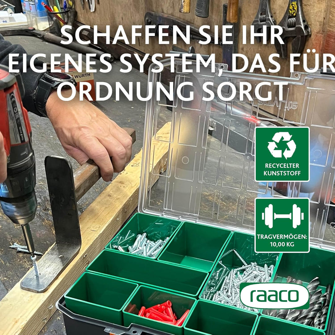 raaco CarryLite 80 4x8-12: Premium Sortierbox für Werkstatt mit Sandwich-Deckel, 12 Einsätze, Sortim