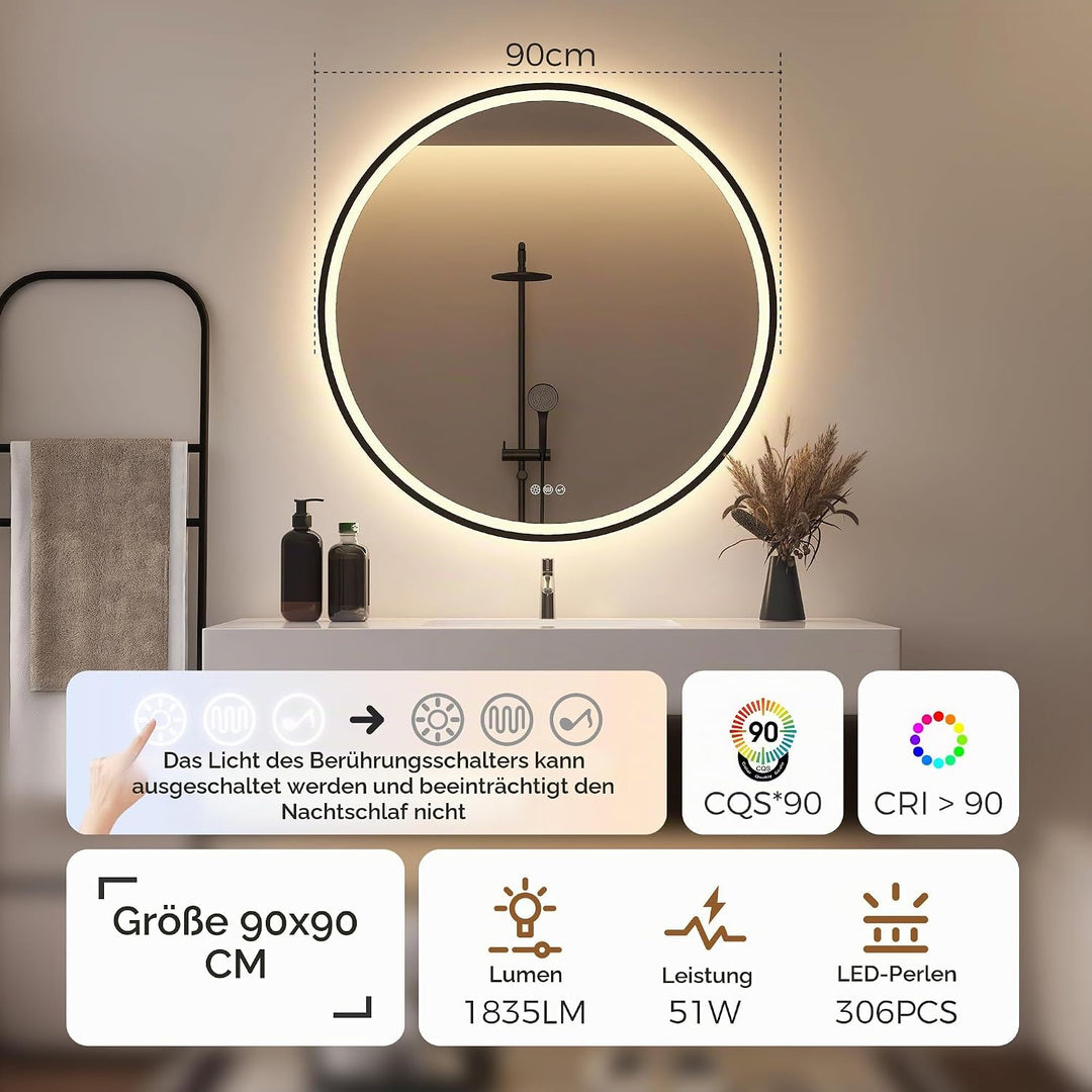 STARLEAD Badspiegel-Rund-mit-Beleuchtung 90cm Diameter, LED-Spiegel-Rund mit Bluetooth, Dimmbar, 3 L