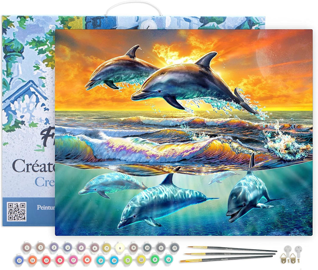 Figured'Art Malen Nach Zahlen Erwachsene Mit Rahmen Delfine im Sonnenuntergang - Paint by Numbers Ba