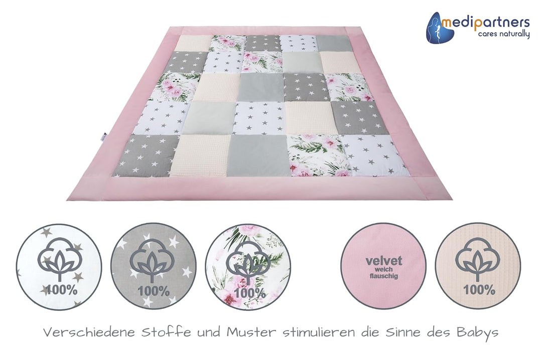 Medi Partners Krabbeldecke 100% Baumwolle 100x100cm multifunktional Dick Weich Spielmatte Baby Laufg