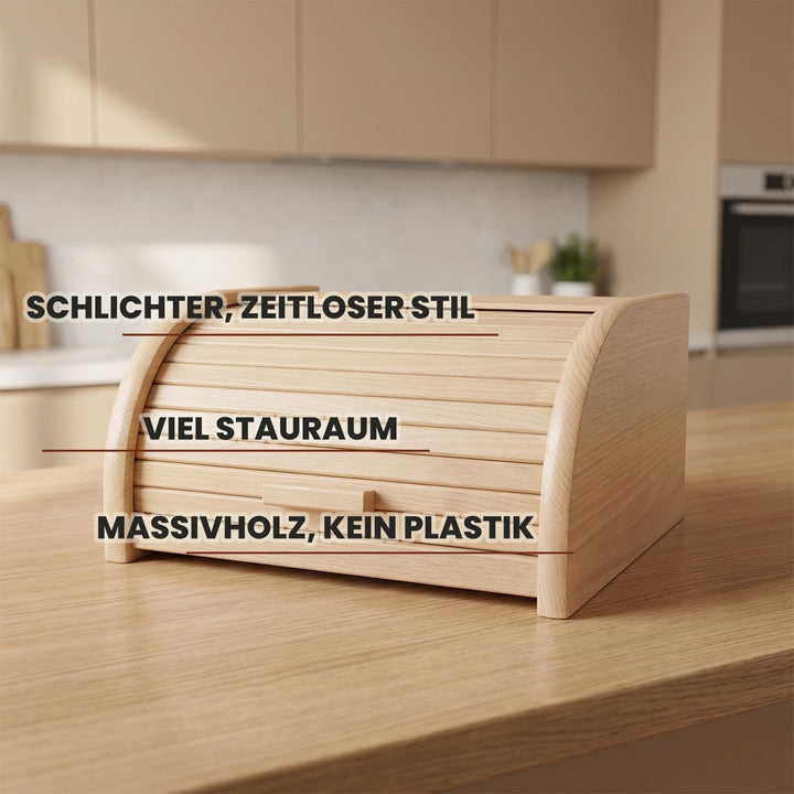 Brotkasten Holz XL mit grosser Öffnung und Rolltop - Brotbox aus Buchenholz für lang anhaltende Fris