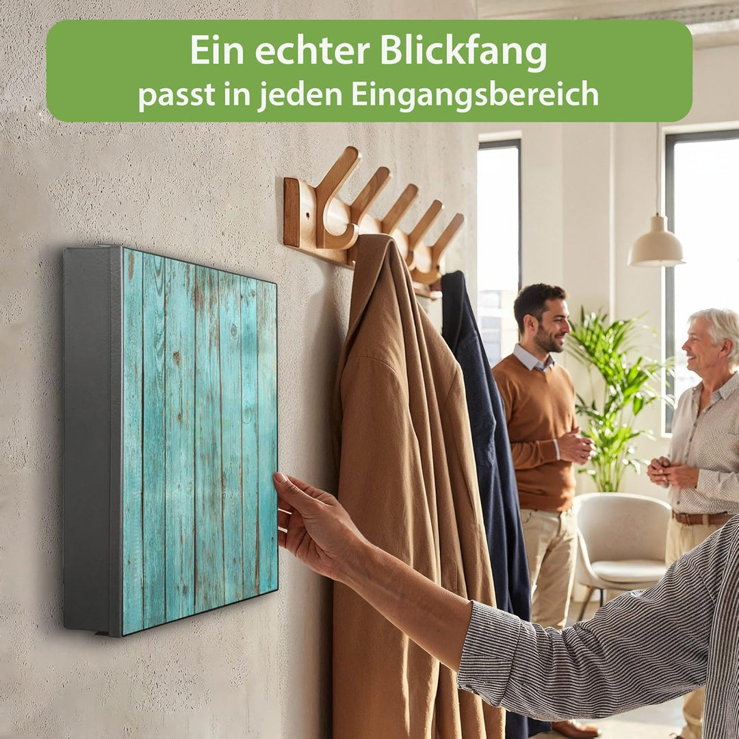 banjado® Grosser Schlüsselkasten Glas/Schlüsselbox 30cm x 30cm mit 50 Haken - Motiv Blaues Holz/Schl