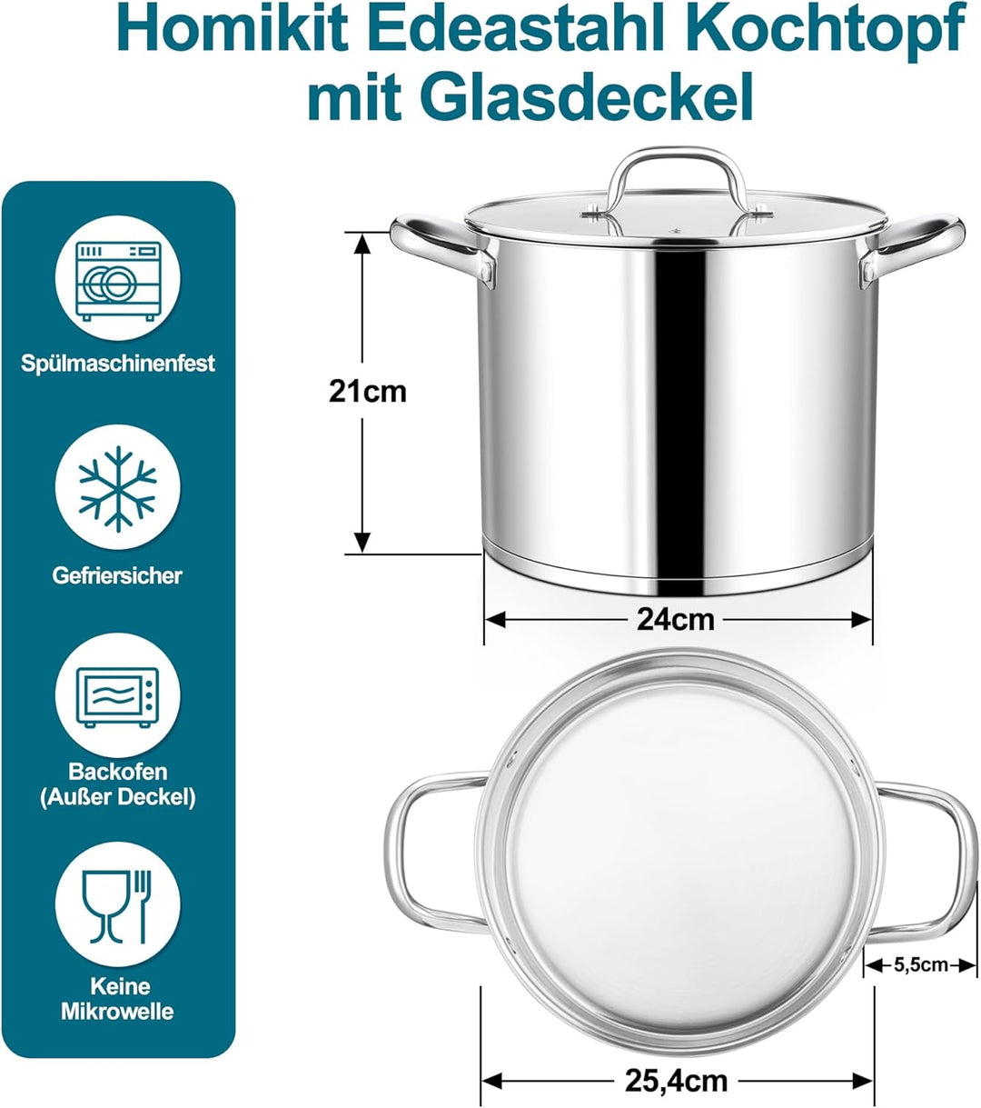 Homikit 9,4L Kochtopf, Edeastahl Topf Nudeltopf Induktion mit Glasdeckel, Suppentopf Fleischtopf aus