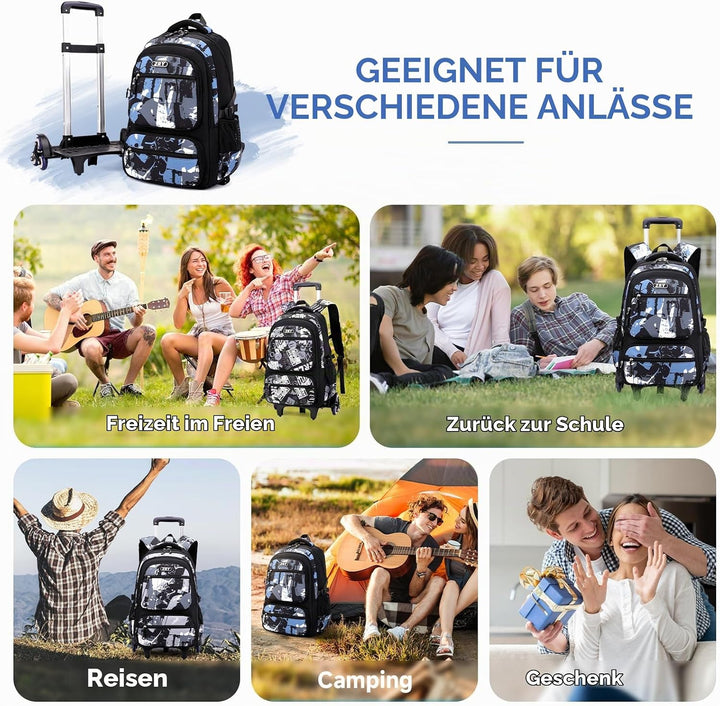 Amythe Schulrucksack Teenager, Abnehmbare Trolley Rucksack Schule mit 6 Räder für Jungen ab 10 Jahre