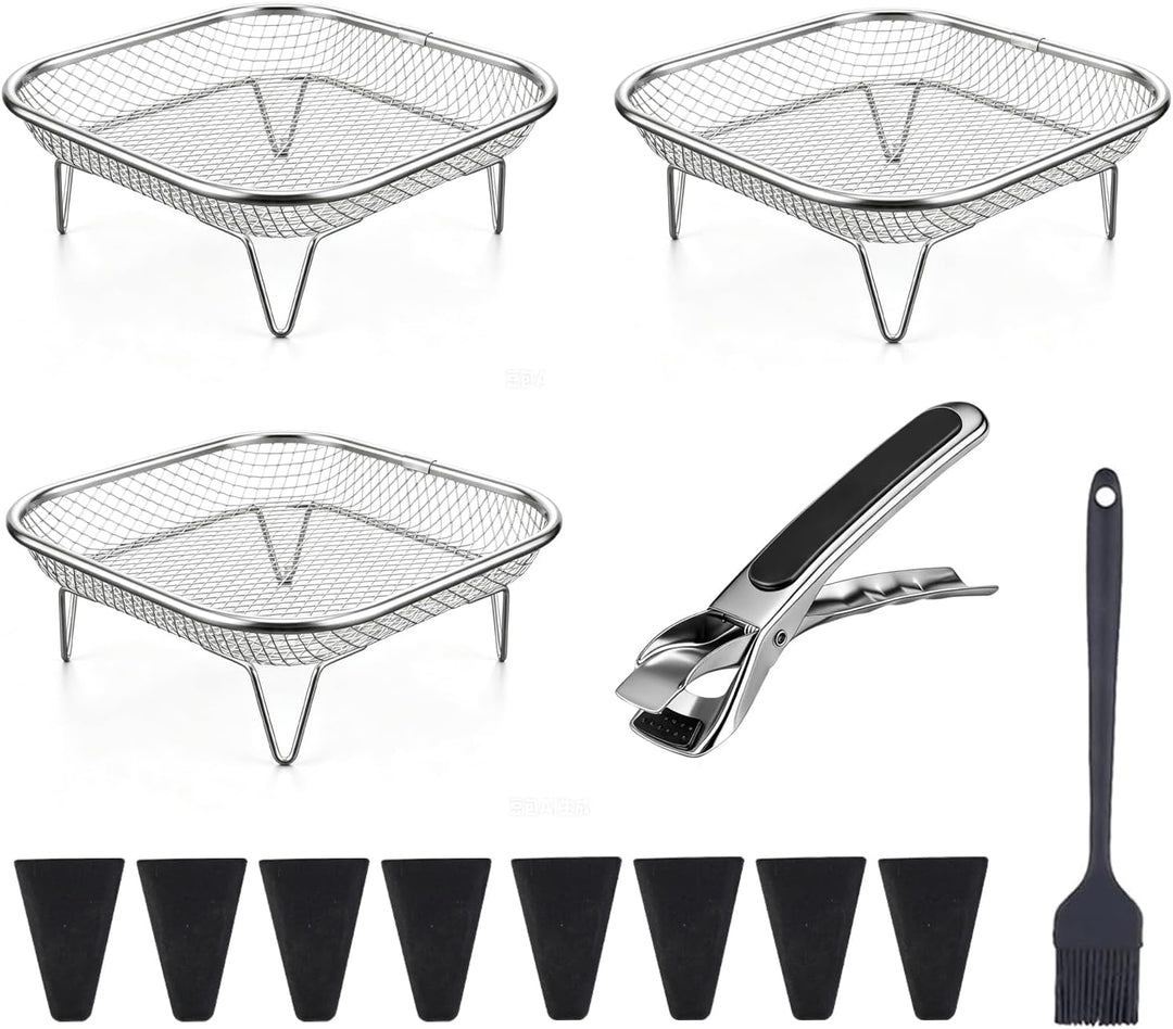 Airfryer Zubehör, 3 Stück Korb für Heissluftfritteuse, Air Fryer Rack mit 8 Silikonfüssen 1 Pinzette