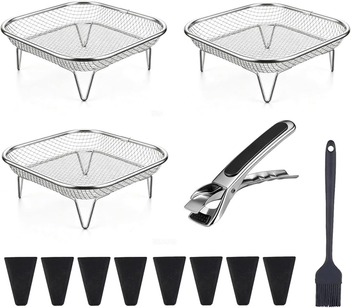 Airfryer Zubehör, 3 Stück Korb für Heissluftfritteuse, Air Fryer Rack mit 8 Silikonfüssen 1 Pinzette